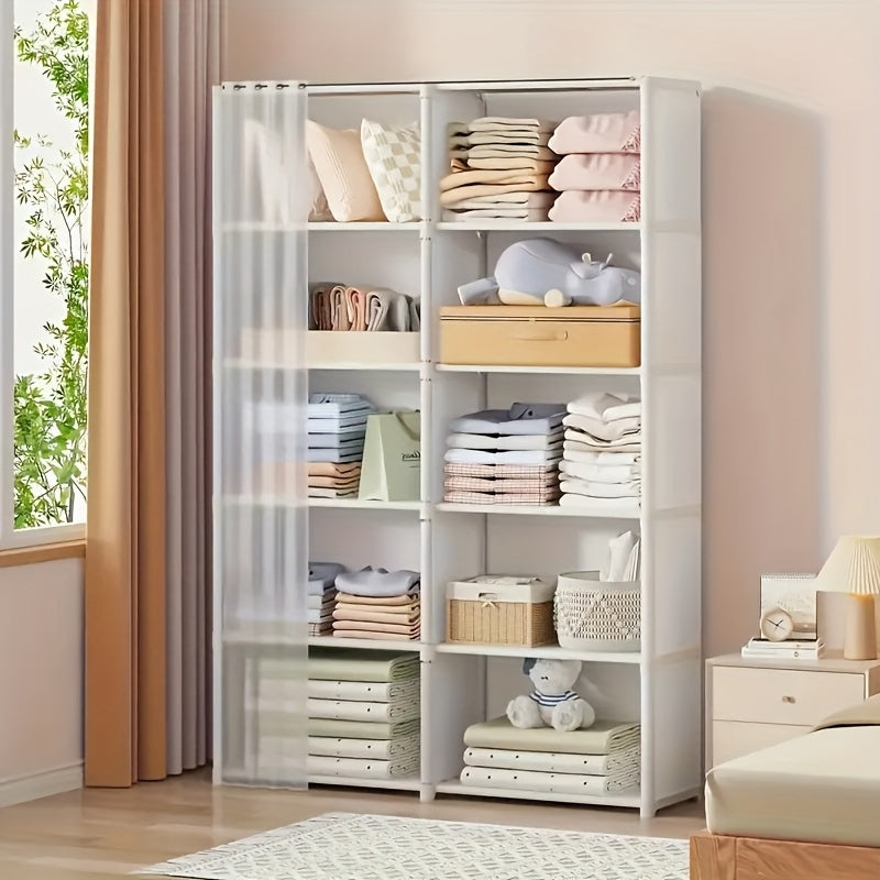 5 Tier Wardrobe Storage Cabinet with Dustproof Cover, Freestanding Closet Organizer Shelf Unit with Semi-Transparent Curtain for Bedroom Living Room