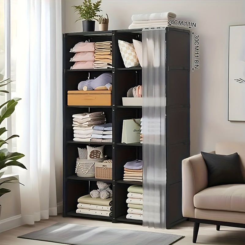 5 Tier Black Wardrobe Cabinet with Dustproof Cover, Freestanding Closet Organizer Shelf with Semi-Transparent Curtain for Bedroom Living Room