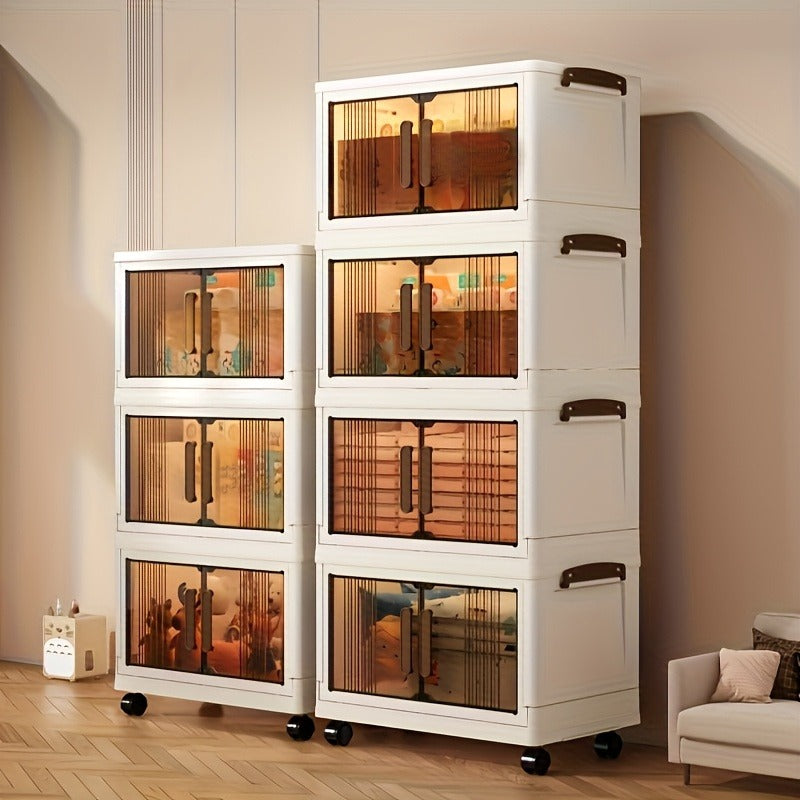 4-Tier Foldable Storage Cabinet with Doors and Wheels, Stackable Plastic Organizer for Clothes, Toys and Home Storage, White