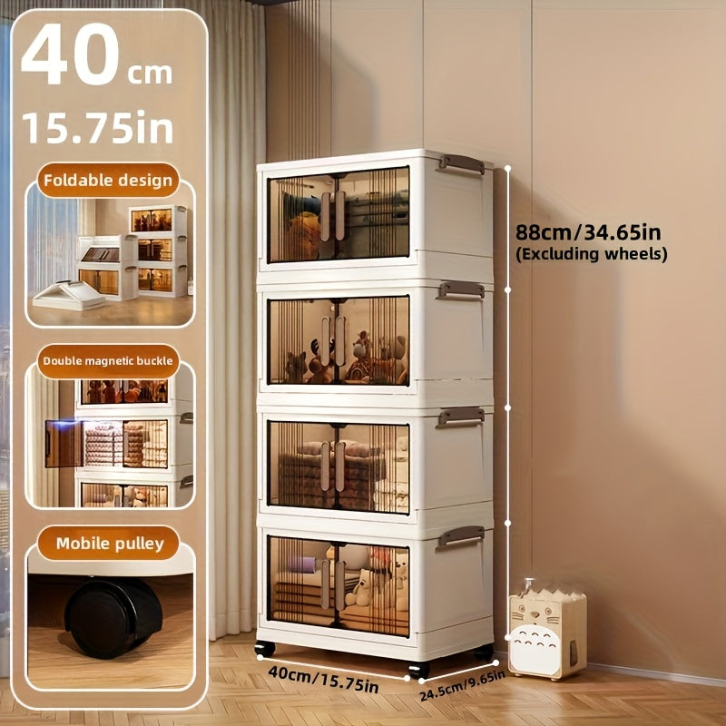 4-Tier Foldable Storage Cabinet with Doors and Wheels, Stackable Plastic Organizer for Clothes, Toys and Home Storage, White