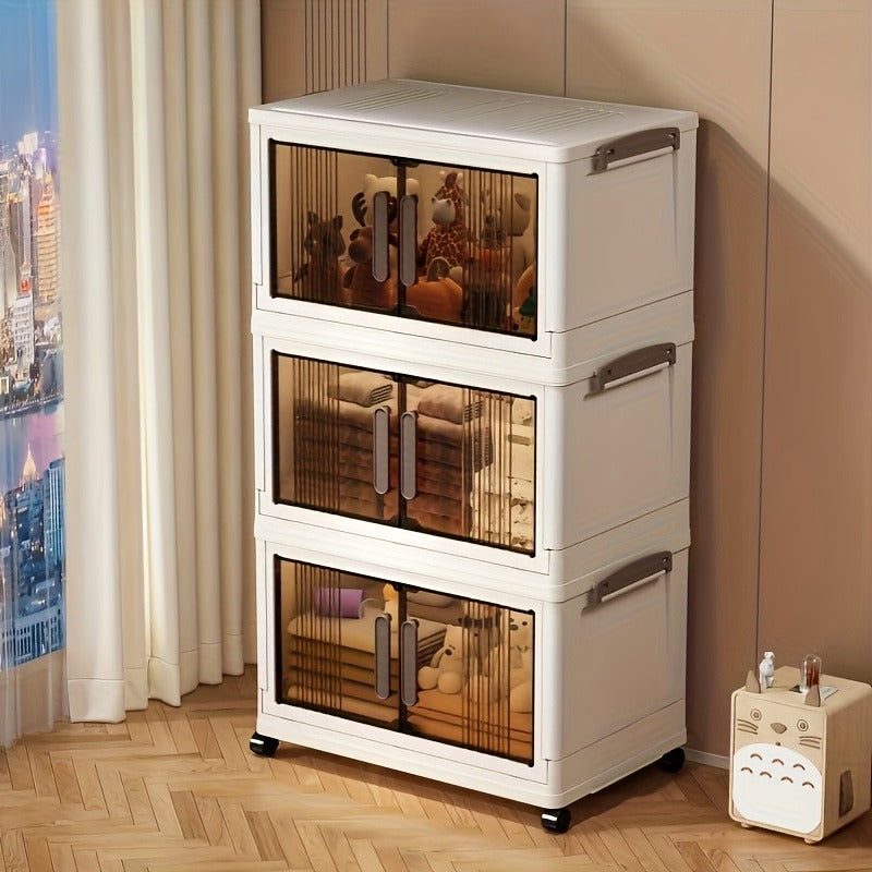 4-Tier Foldable Storage Cabinet with Doors and Wheels, Stackable Plastic Organizer for Clothes, Toys and Home Storage, White