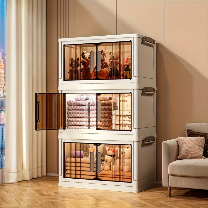 5-Tier Foldable Storage Cabinet with Doors and Wheels, Stackable Plastic Organizer for Clothes, Toys and Home Storage, White