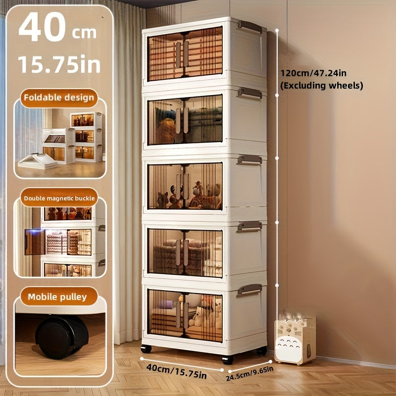 5-Tier Foldable Storage Cabinet with Doors and Wheels, Stackable Plastic Organizer for Clothes, Toys and Home Storage, White