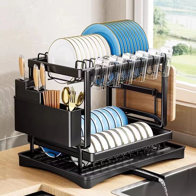 2 Tier 304 Stainless Steel Dish Drying Rack, Large Capacity Dish Rack with Utensil Cup Cutting Board Holder for Kitchen Counter