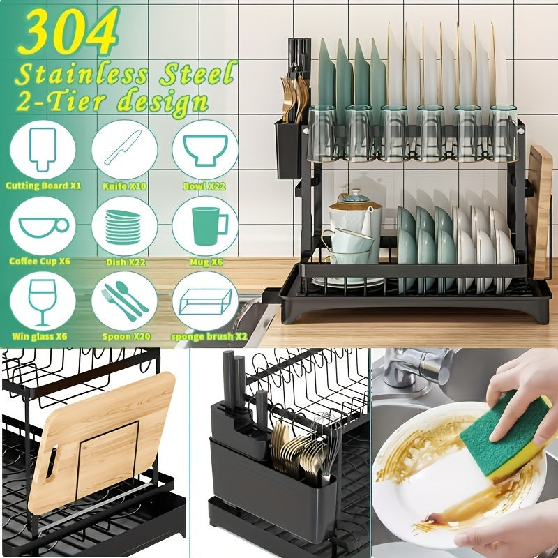 2 Tier 304 Stainless Steel Dish Drying Rack, Large Capacity Dish Rack with Utensil Cup Cutting Board Holder for Kitchen Counter