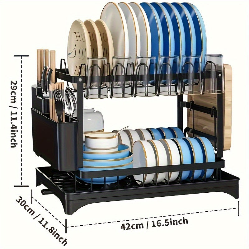 2 Tier 304 Stainless Steel Dish Drying Rack, Large Capacity Dish Rack with Utensil Cup Cutting Board Holder for Kitchen Counter