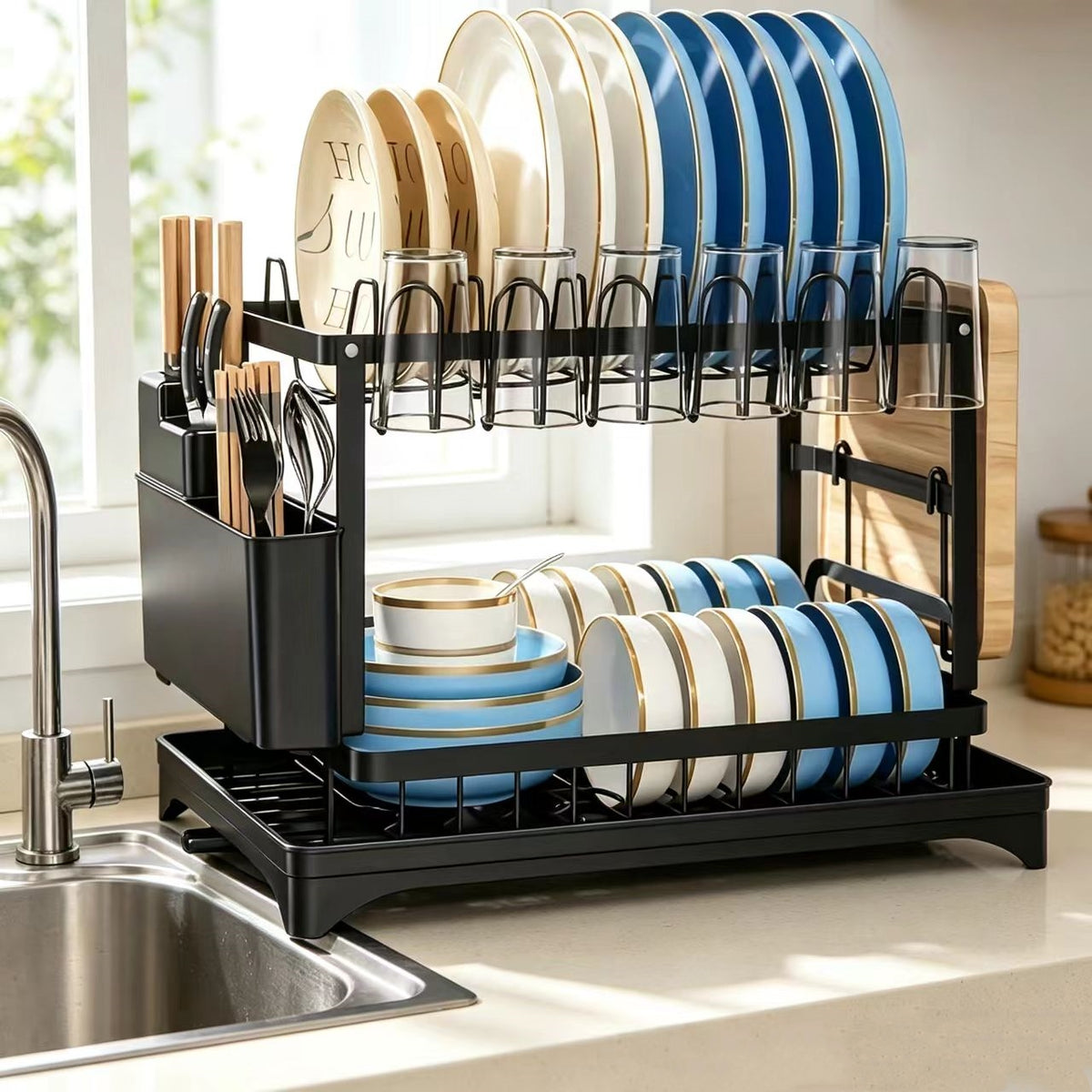 2 Tier 304 Stainless Steel Dish Drying Rack, Large Capacity Dish Rack with Utensil Cup Cutting Board Holder for Kitchen Counter