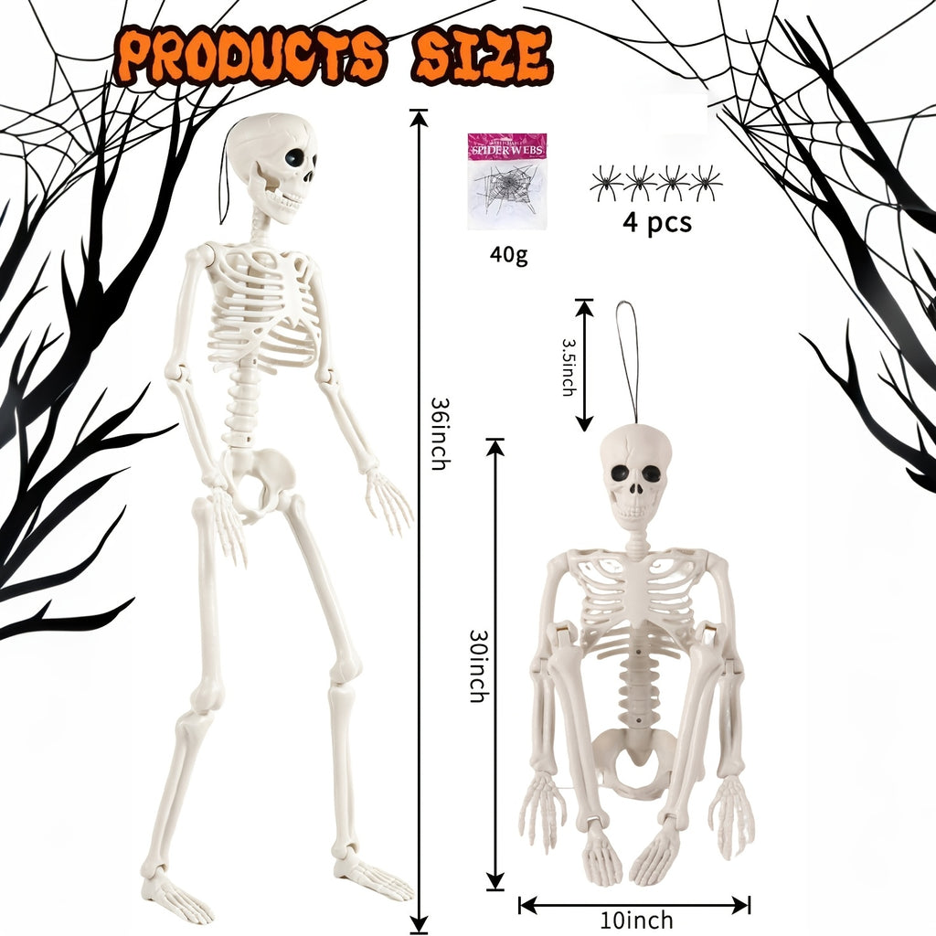 36" Halloween Posable Skeleton, Full Body Skeleton with Movable Joints, Bonus 4 Spiders & Stretch Web for Haunted House Yard Porch Outdoor Party