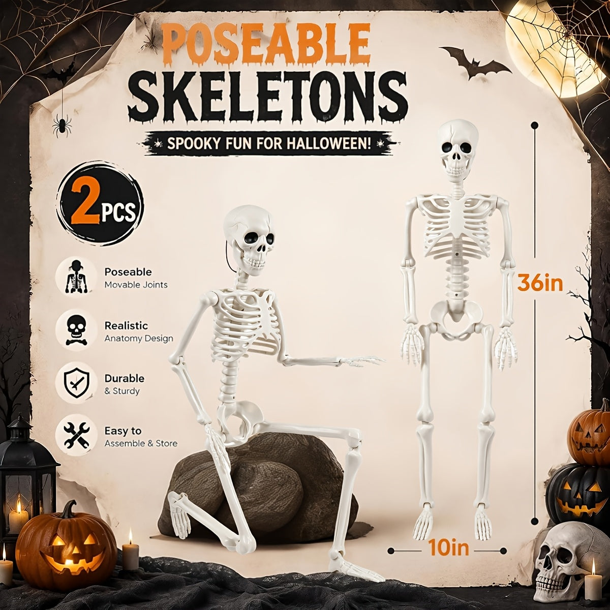 2 Pack 36" Halloween Posable Skeleton, Full Body Realistic Skeleton Movable Joints, Waterproof UV Resistant Outdoor Decor for Yard Porch Haunted House Party