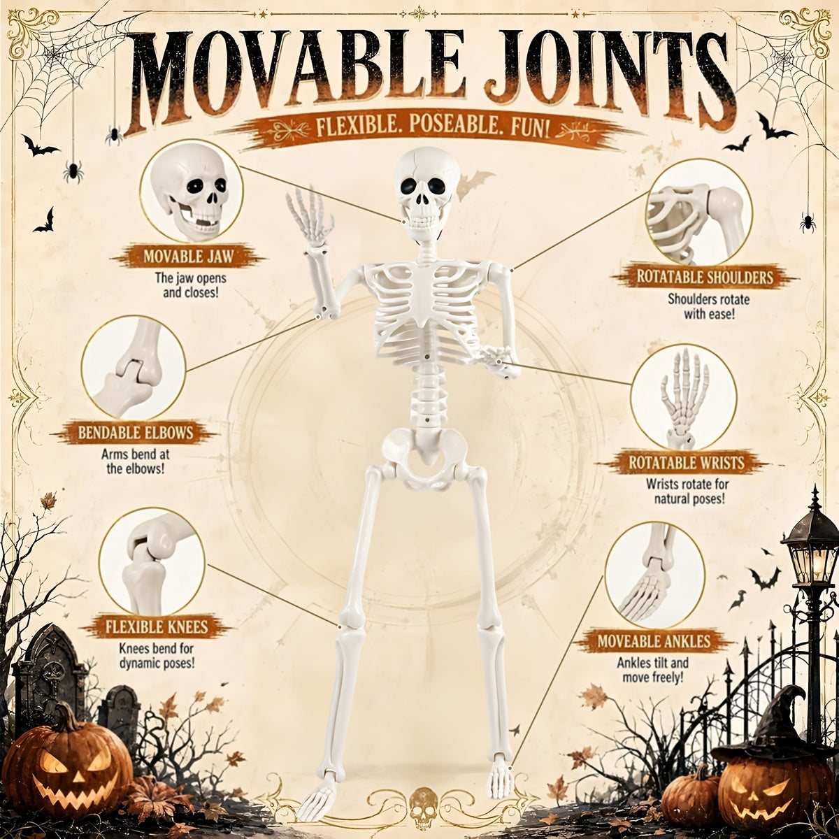 36" Halloween Posable Skeleton, Full Body Skeleton with Movable Joints, Bonus 4 Spiders & Stretch Web for Haunted House Yard Porch Outdoor Party