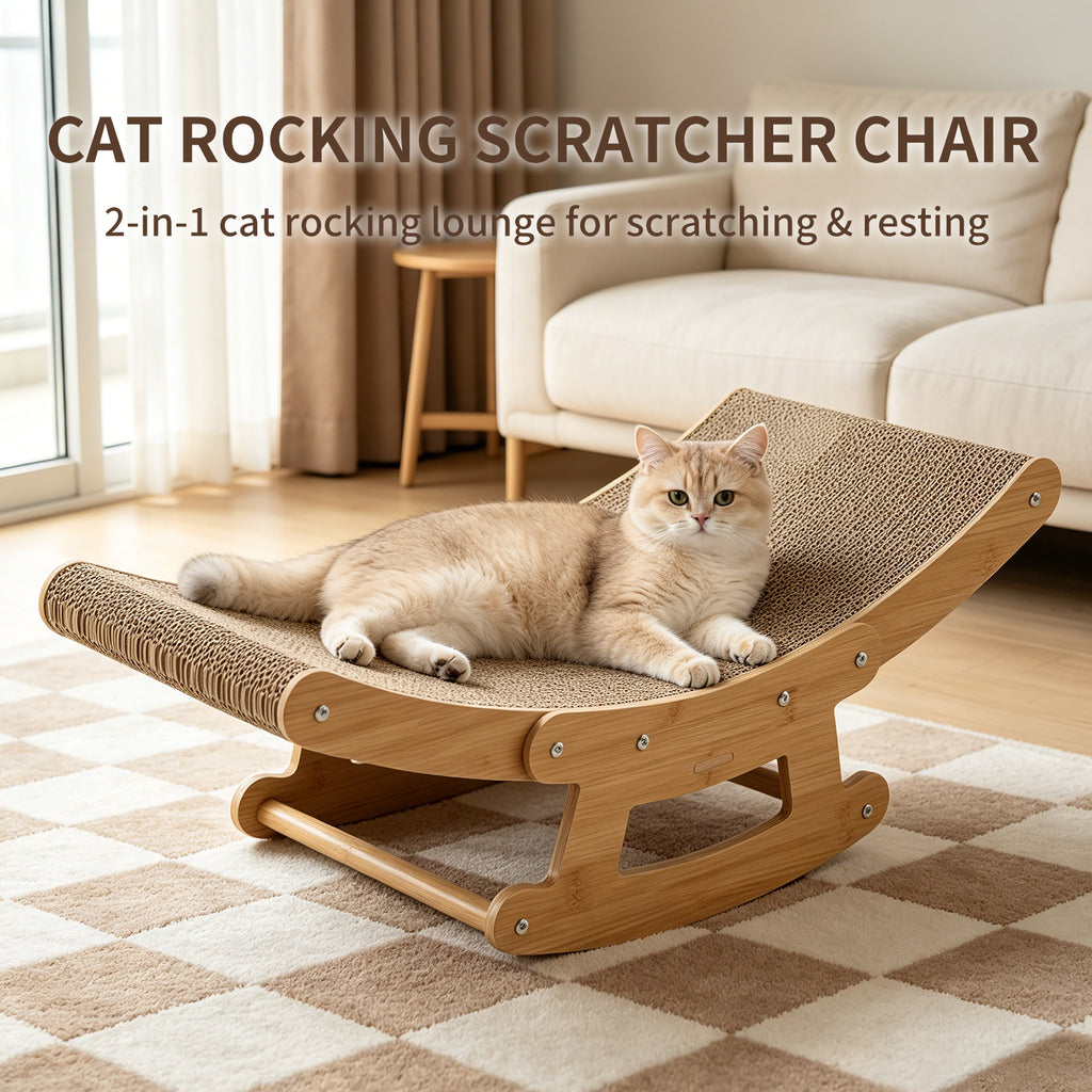 Cat Scratcher Chair, 2-in-1 Wood Rocking Lounge Bed with High-Density Corrugated Cardboard, Ergonomic Curved Scratcher for Indoor Cats
