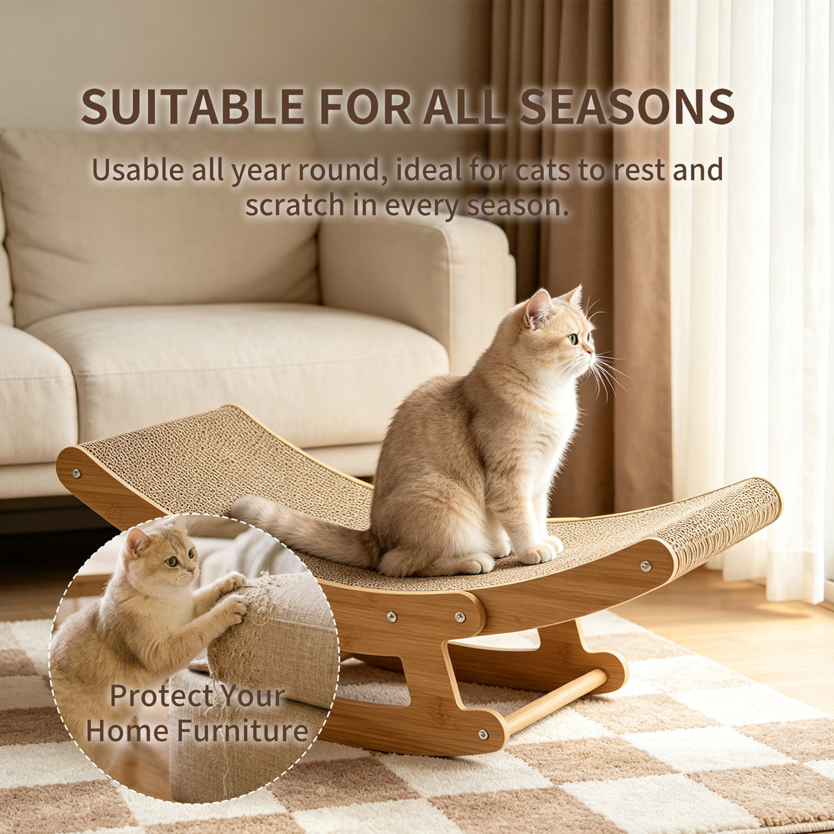 Large Cat Scratcher Chair, 2-in-1 Wood Rocking Bed with High-Density Corrugated Cardboard, Ergonomic Curved Scratcher for Indoor Cats