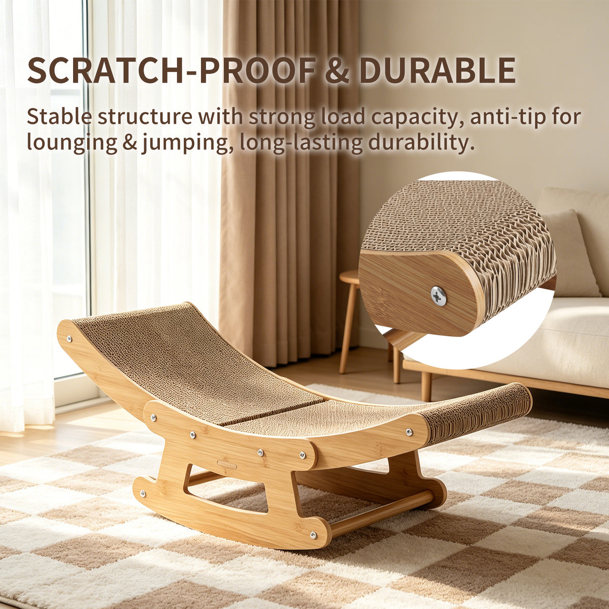 Large Cat Scratcher Chair, 2-in-1 Wood Rocking Bed with High-Density Corrugated Cardboard, Ergonomic Curved Scratcher for Indoor Cats