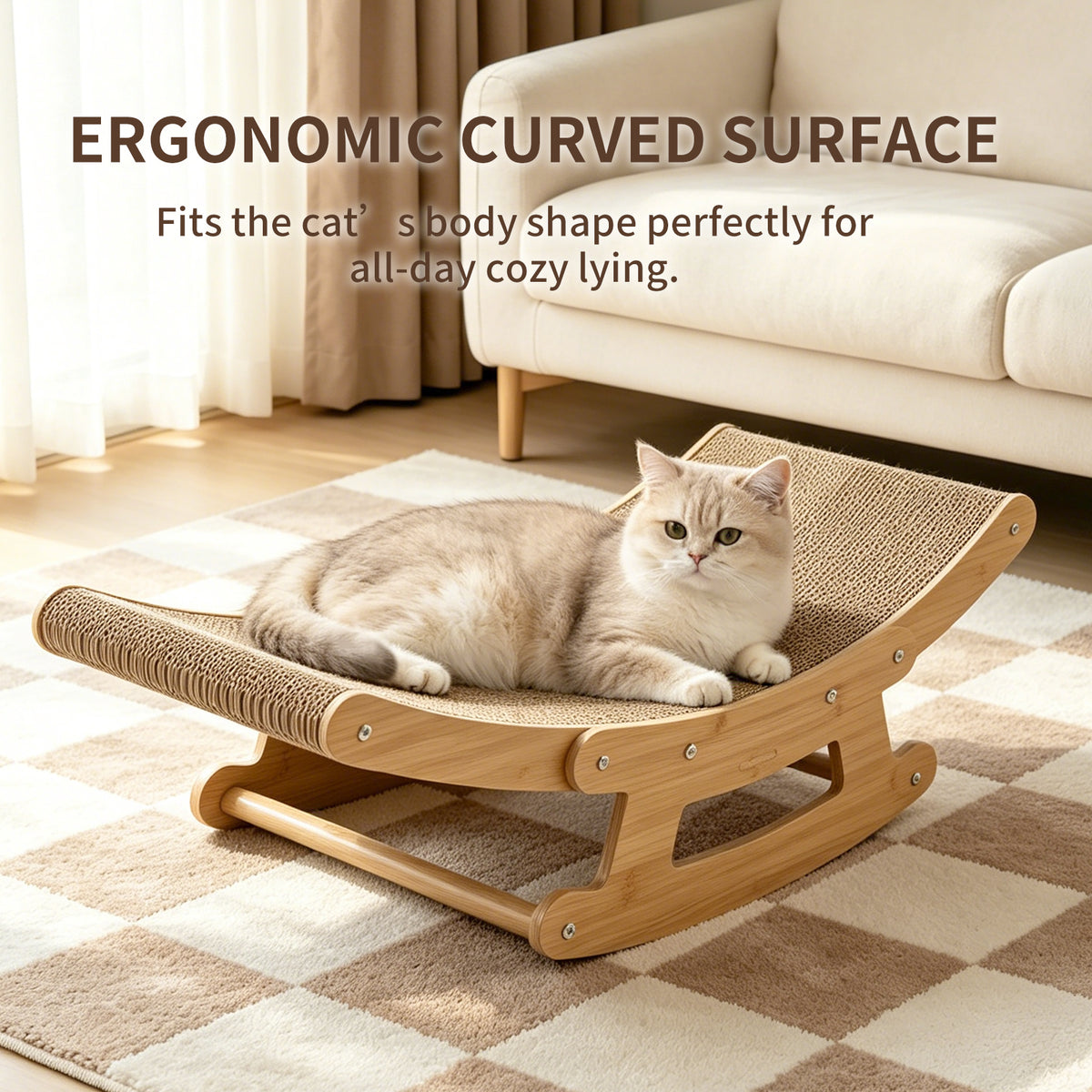 Cat Scratcher Chair, 2-in-1 Wood Rocking Lounge Bed with High-Density Corrugated Cardboard, Ergonomic Curved Scratcher for Indoor Cats