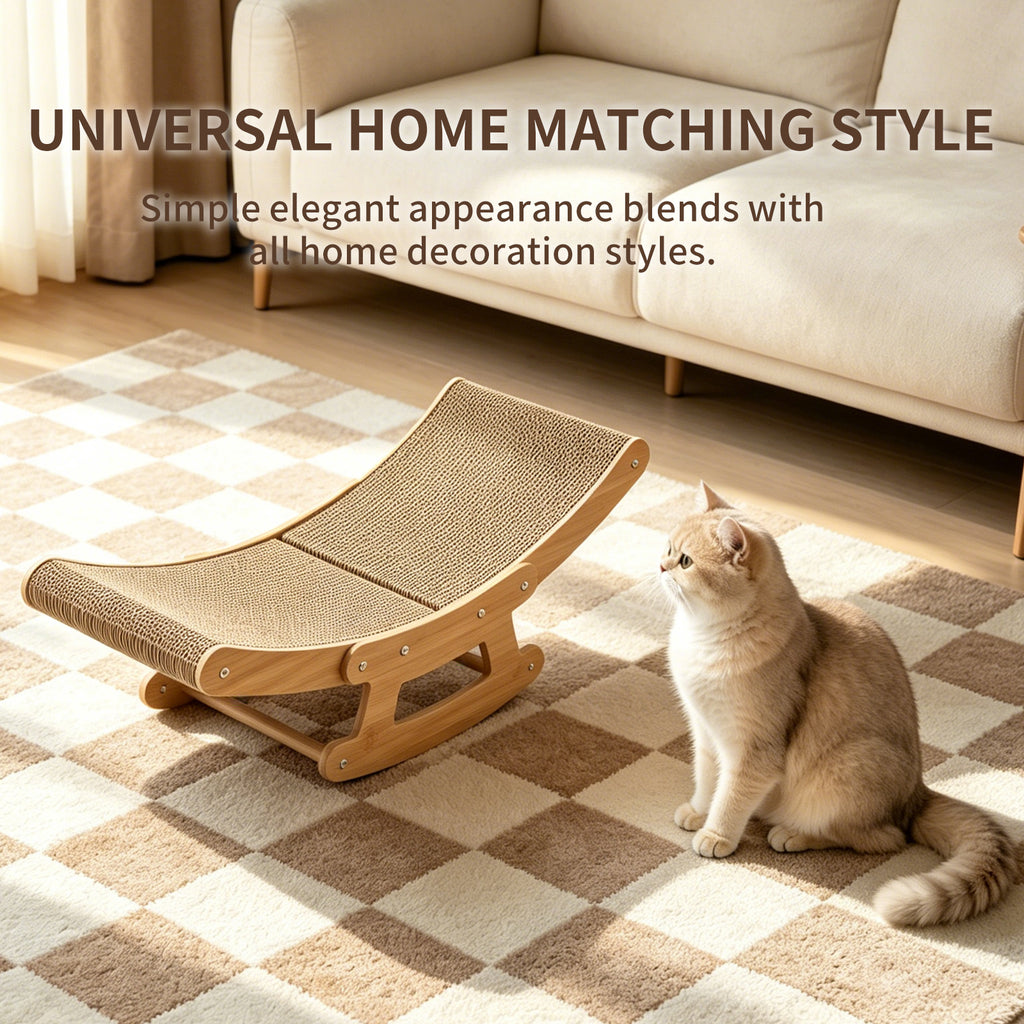 Cat Scratcher Chair, 2-in-1 Wood Rocking Lounge Bed with High-Density Corrugated Cardboard, Ergonomic Curved Scratcher for Indoor Cats