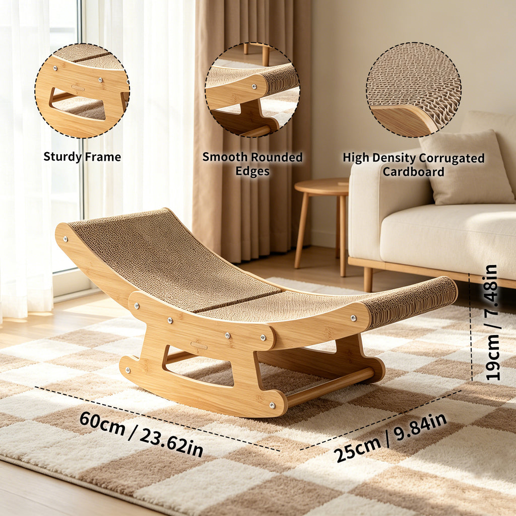Large Cat Scratcher Chair, 2-in-1 Wood Rocking Bed with High-Density Corrugated Cardboard, Ergonomic Curved Scratcher for Indoor Cats