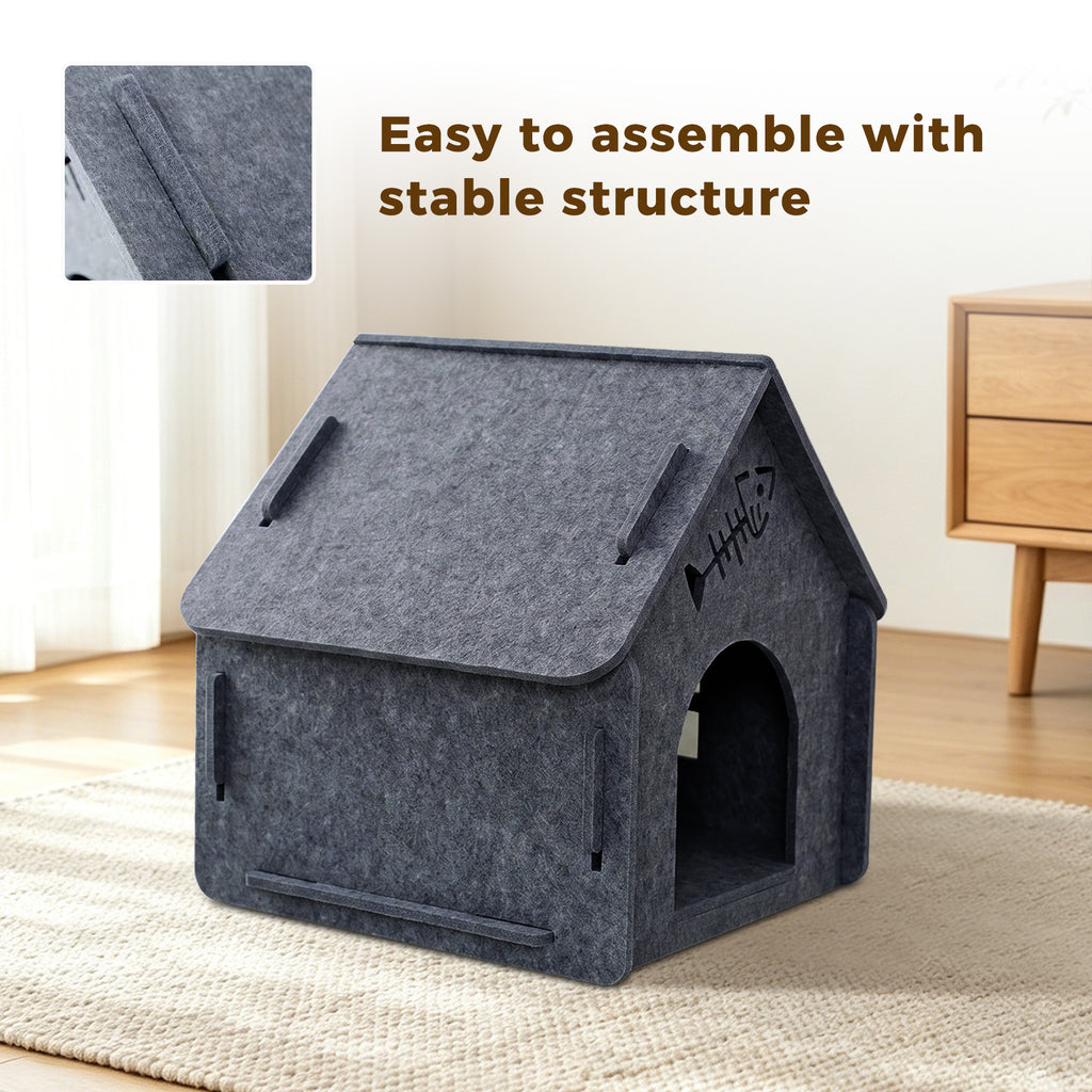 Indoor Cat House Bed, Felt Cat Cave Hideaway with Removable Roof, Cozy Cat Shelter for Indoor Cats Kittens, Easy Assembly, Scratch-Resistant