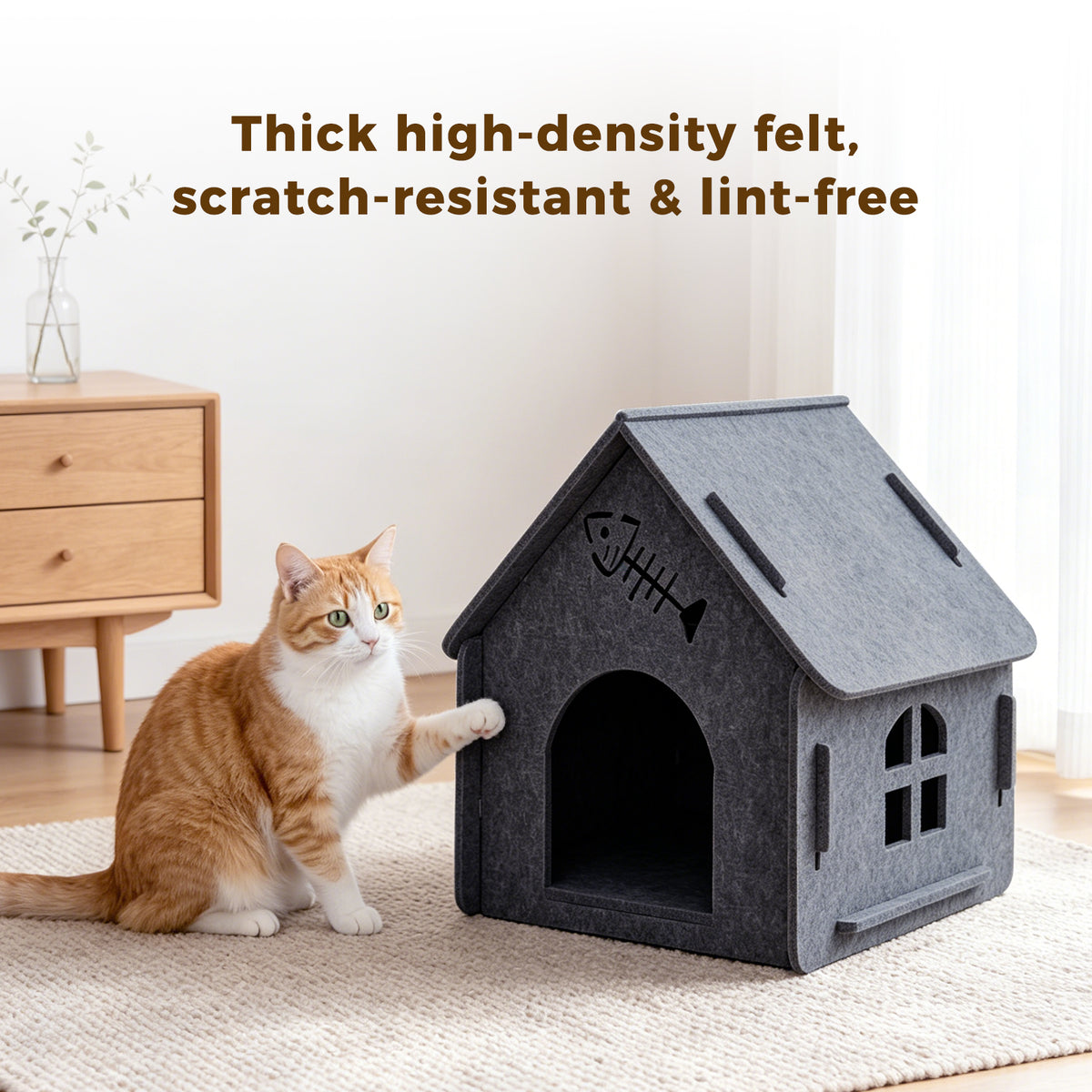 Indoor Cat House Bed, Felt Cat Cave Hideaway with Removable Roof, Cozy Cat Shelter for Indoor Cats Kittens, Easy Assembly, Scratch-Resistant