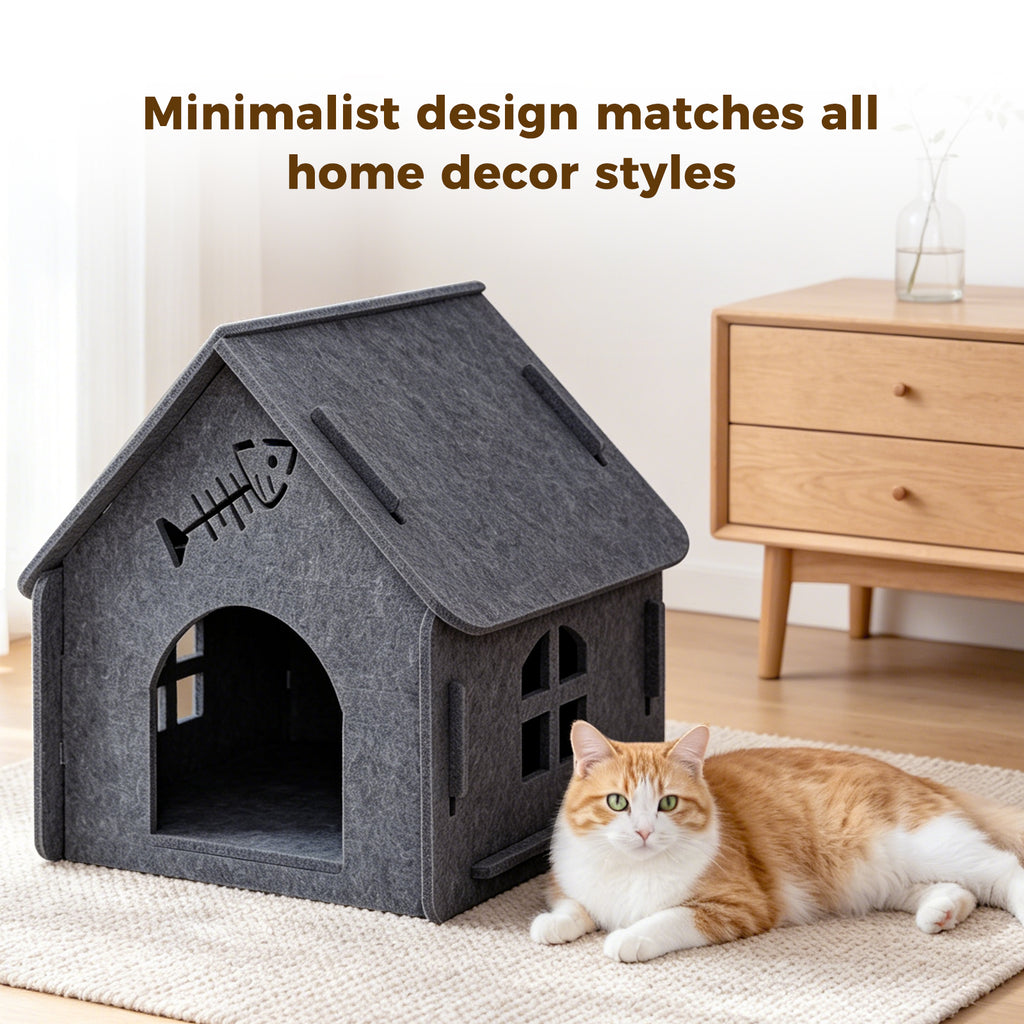 Indoor Cat House Bed, Felt Cat Cave Hideaway with Removable Roof, Cozy Cat Shelter for Indoor Cats Kittens, Easy Assembly, Scratch-Resistant