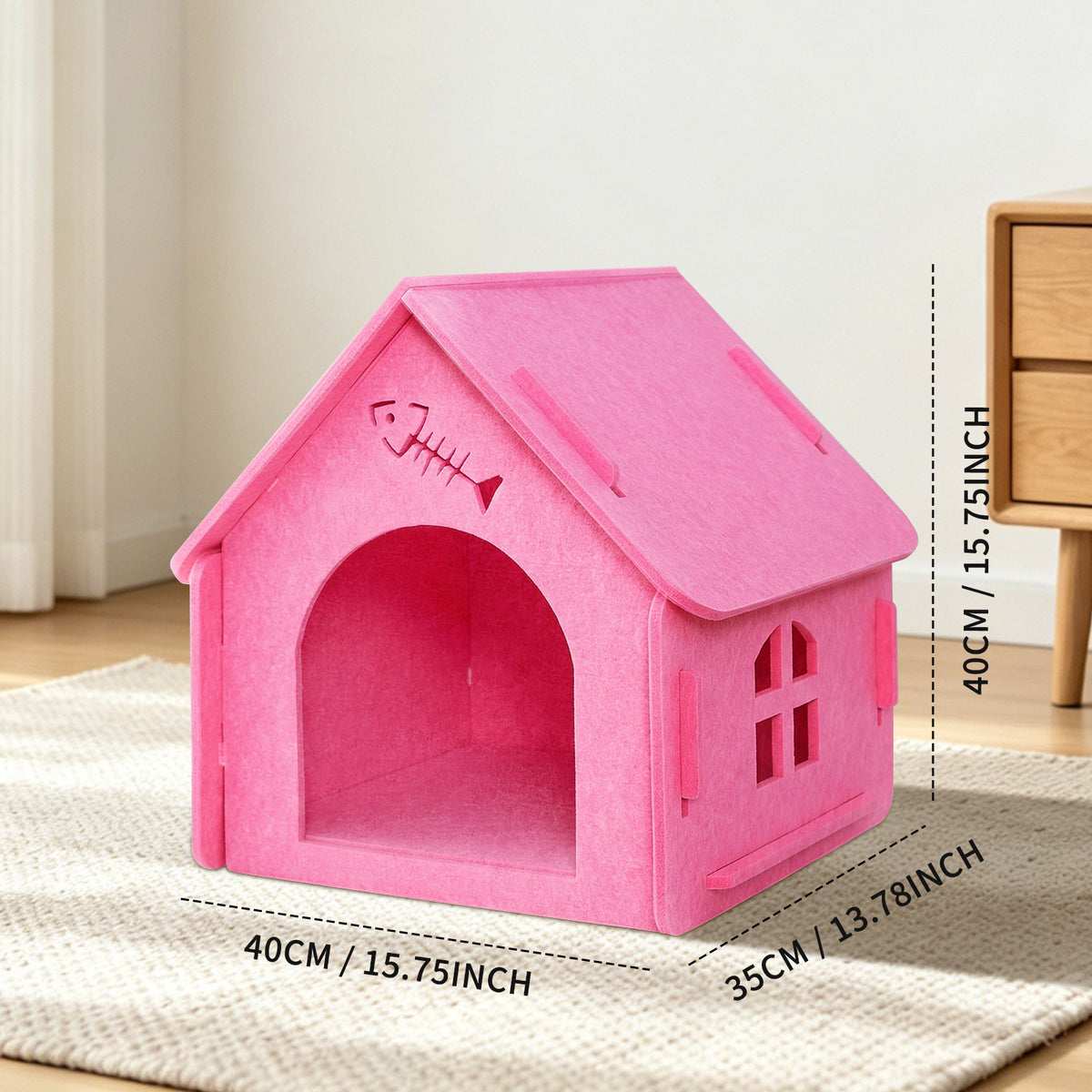 Pink Cat House Bed, Felt Cat Cave Hideaway with Wide Arched Entrance, Cozy Cat Shelter for Indoor Cats Large Cats Multi-Cat Homes, Easy Assembly