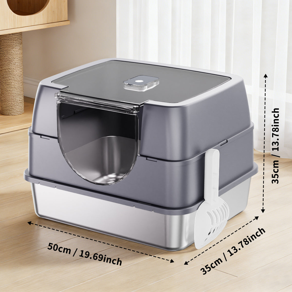 Fully Enclosed Cat Litter Box with Flip-Top Lid, Detachable Cover & Scoop, Gray
