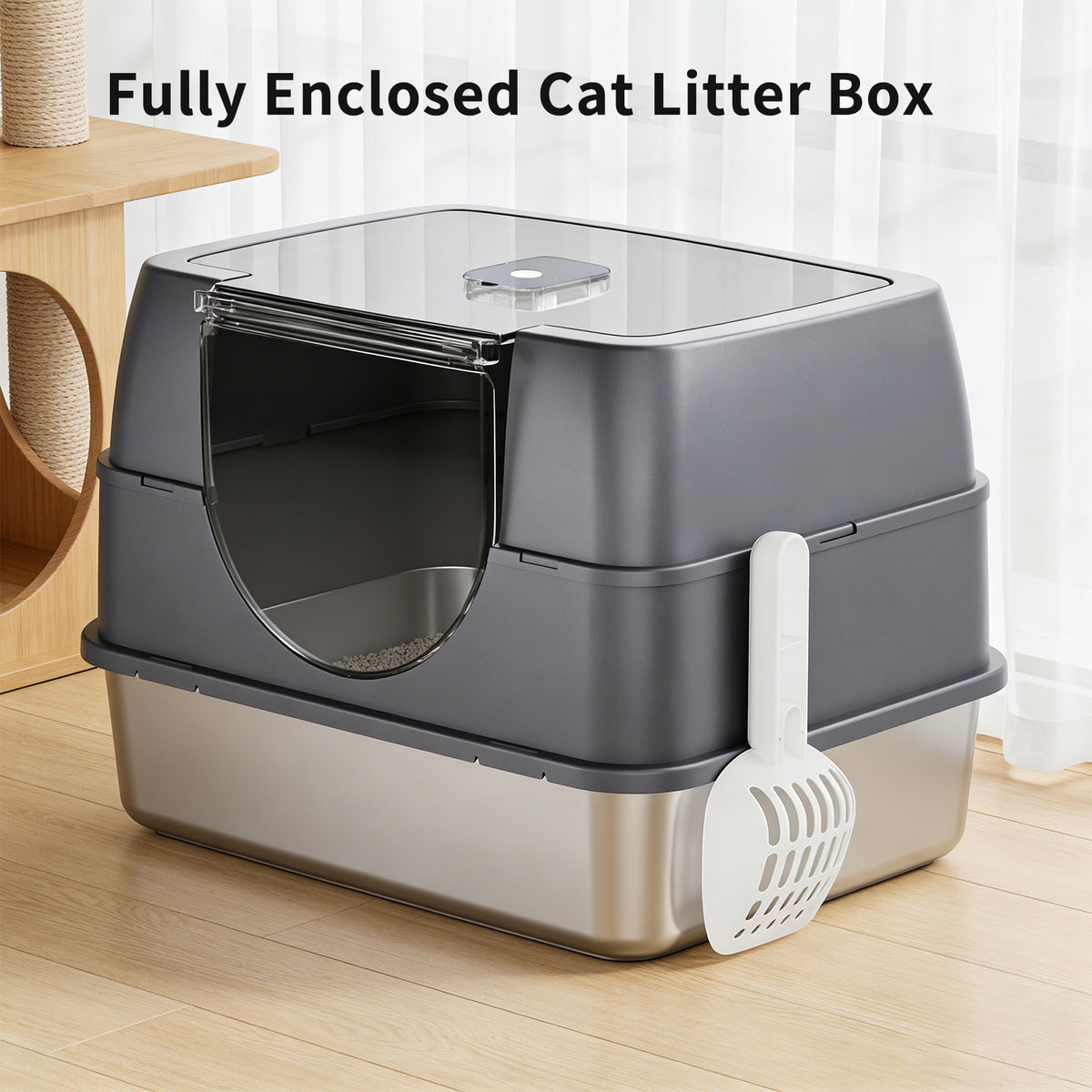 Fully Enclosed Cat Litter Box with Flip-Top Lid, Detachable Cover & Scoop, Gray