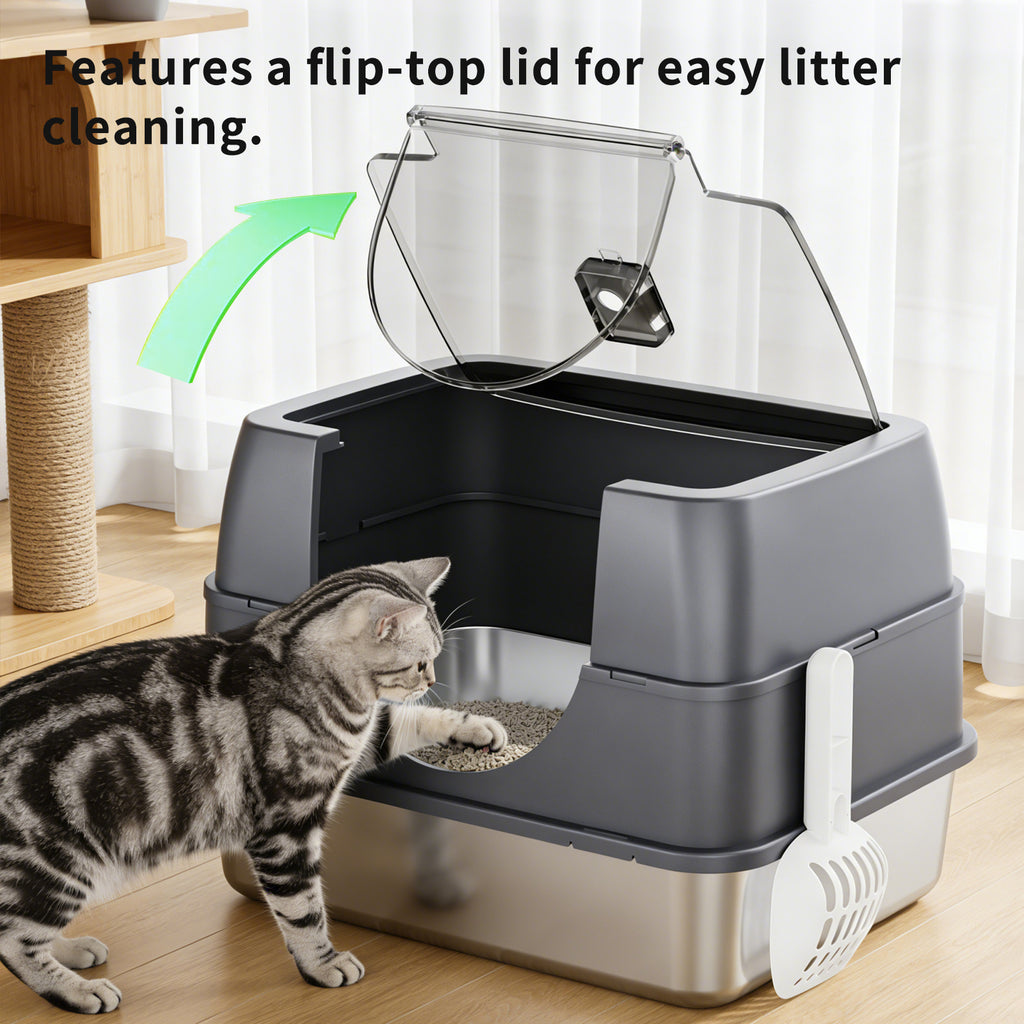 Fully Enclosed Cat Litter Box with Flip-Top Lid, Detachable Cover & Scoop, Gray