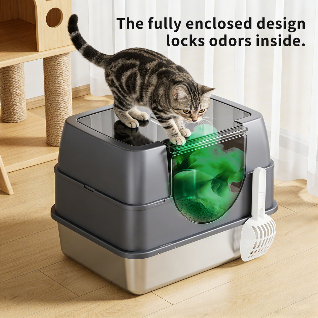 Fully Enclosed Cat Litter Box with Flip-Top Lid, Detachable Cover & Scoop, Gray