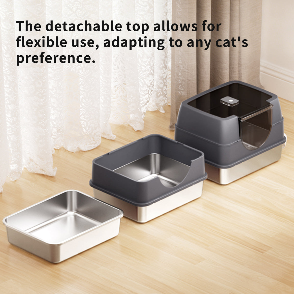 Fully Enclosed Cat Litter Box with Flip-Top Lid, Detachable Cover & Scoop, Gray