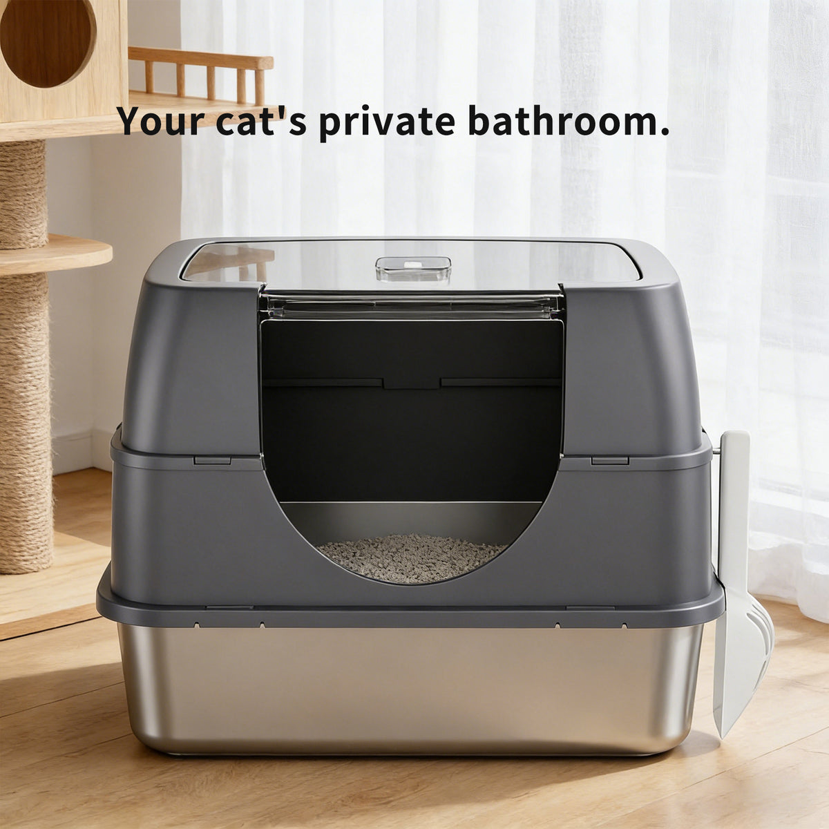 Fully Enclosed Cat Litter Box with Flip-Top Lid, Detachable Cover & Scoop, Gray