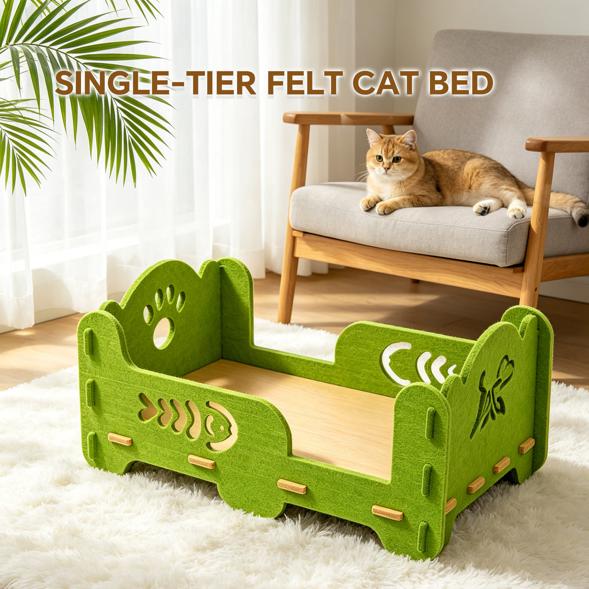 Single-Tier Felt Cat Bed, Sturdy Breathable Indoor Pet Bed with Raised Sides, 20.47" x 14.17" x 9.84", Green