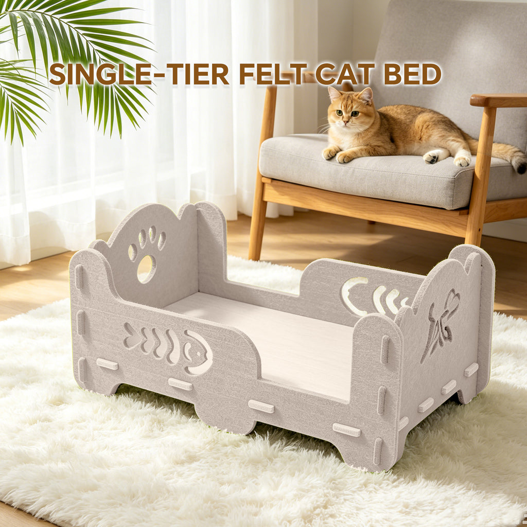 Single-Tier Felt Cat Bed with Raised Sides, Sturdy Indoor Pet Lounger, 20.47" x 14.17" x 9.84"，WHITE