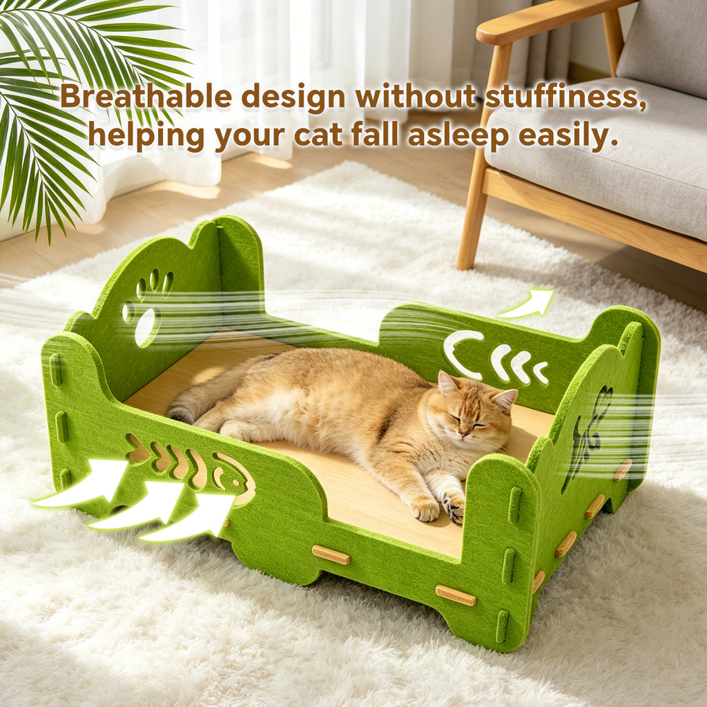 Single-Tier Felt Cat Bed, Sturdy Breathable Indoor Pet Bed with Raised Sides, 20.47" x 14.17" x 9.84", Green