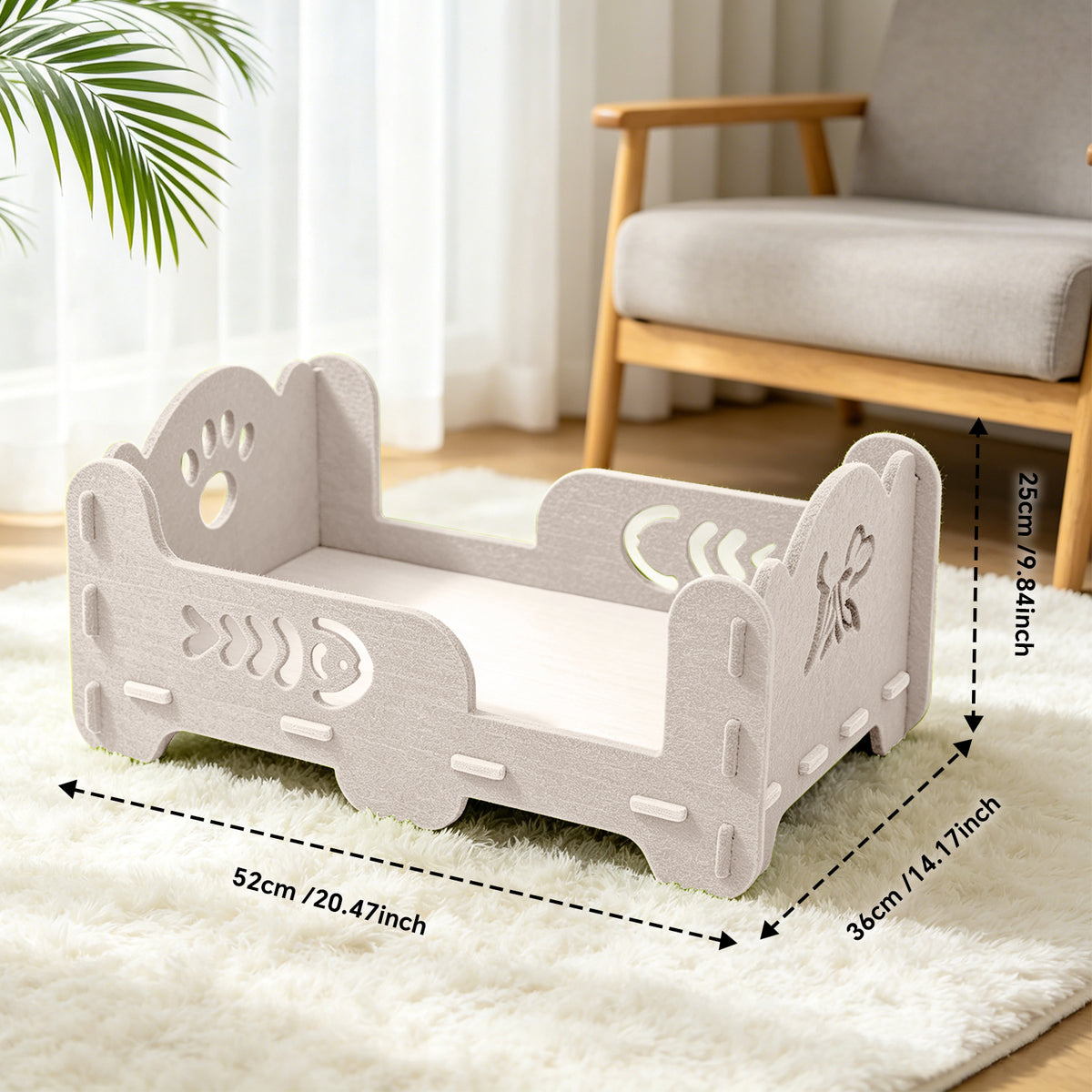 Single-Tier Felt Cat Bed with Raised Sides, Sturdy Indoor Pet Lounger, 20.47" x 14.17" x 9.84"，WHITE