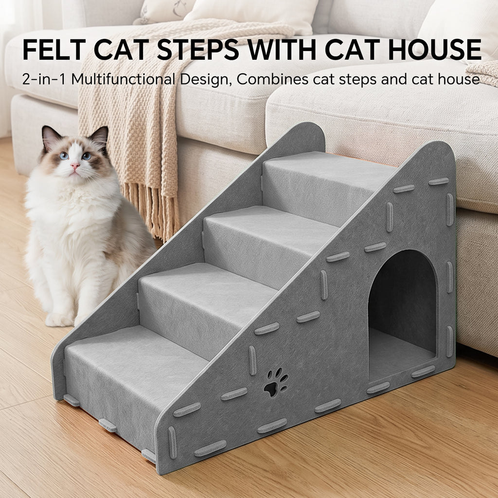 4-Step Felt Cat Stairs with Cat House, 2-in-1 Pet Steps for Sofa and Bed, Tool-Free Assembly, Gray