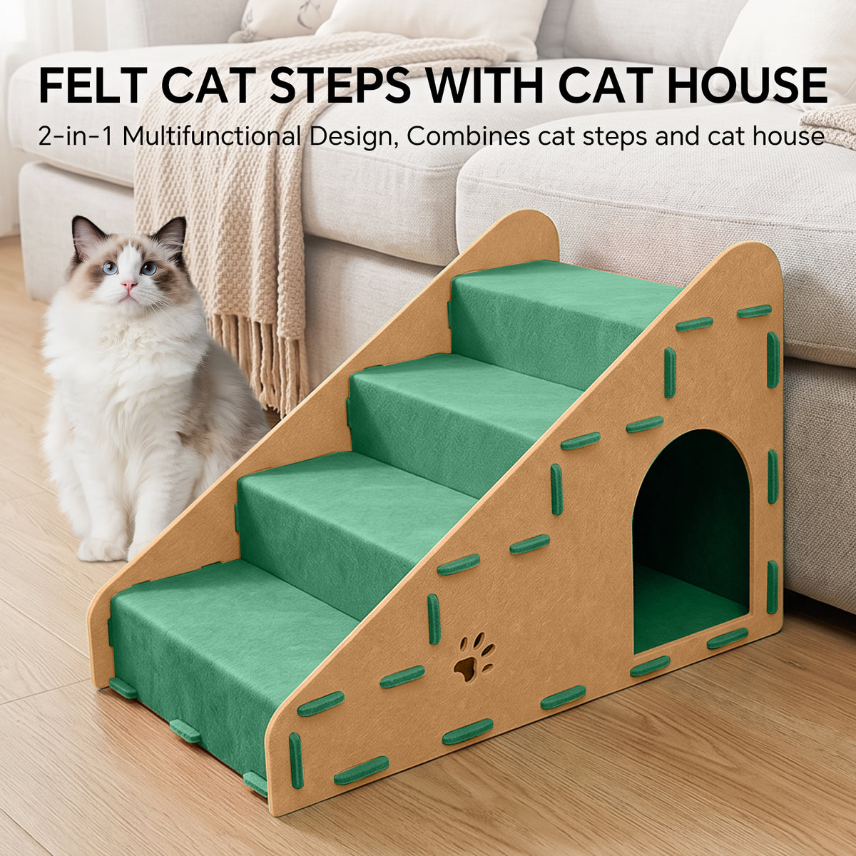 4-Step Felt Cat Stairs with Cat House, 2-in-1 Indoor Pet Steps, Tool-Free Assembly, Green