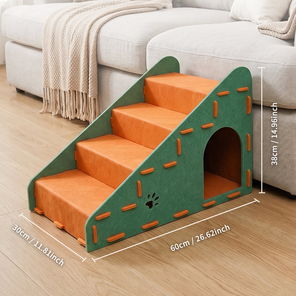 4-Step Felt Cat Stairs with Cat House, 2-in-1 Pet Steps for Sofa and Bed, Tool-Free Assembly, Green & Orange