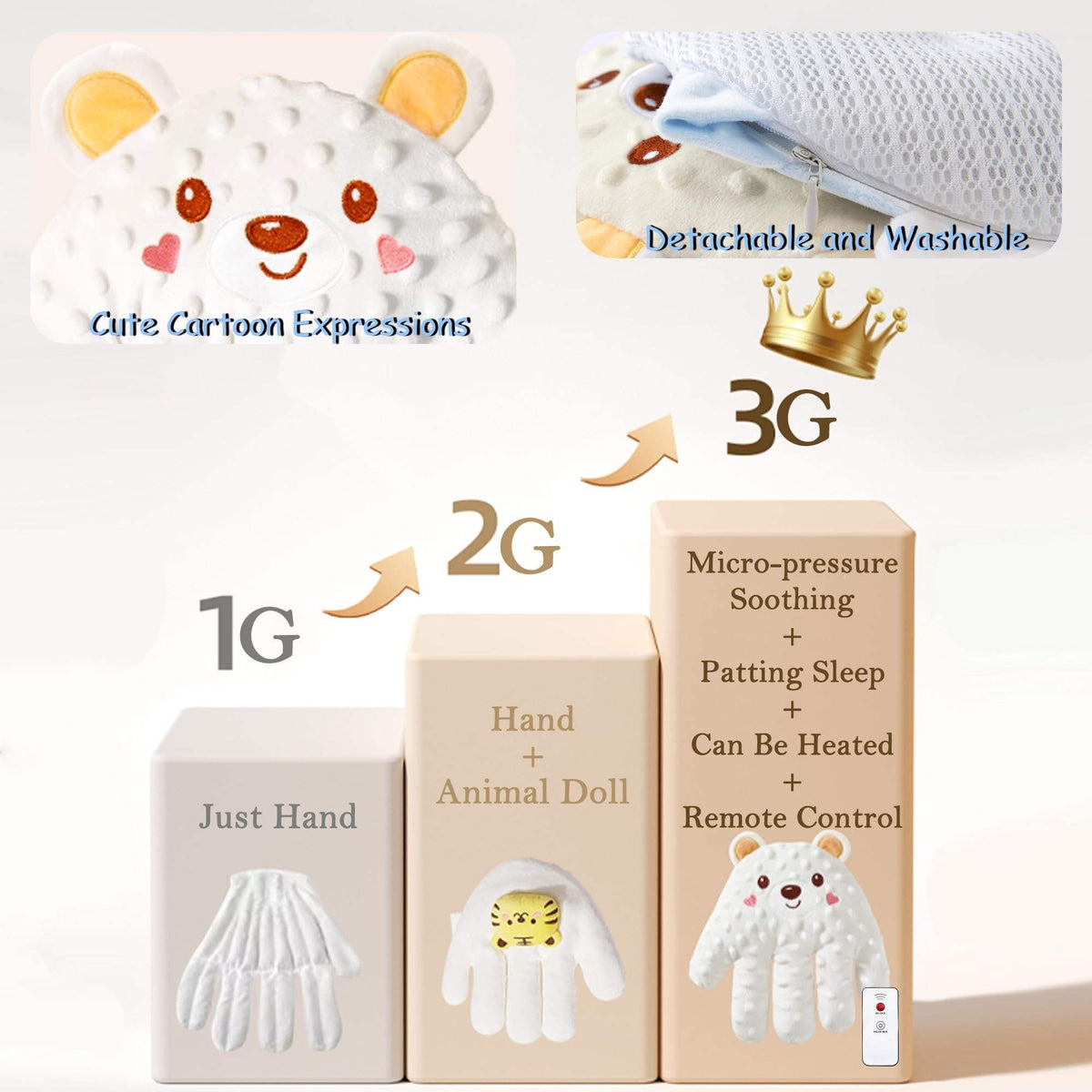 AEELLEEA Electric Soothing Patting Hand Pillow Red Bean Filling Removable Washable Minky Dot Mesh Sleep Aid Toy With Remote Control