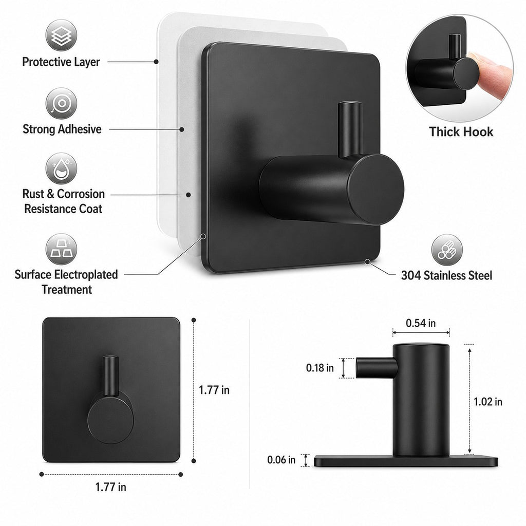 Self Adhesive Wall Hook, 304 Stainless Steel Heavy Duty Towel Hook for Bathroom Kitchen, Matte Black
