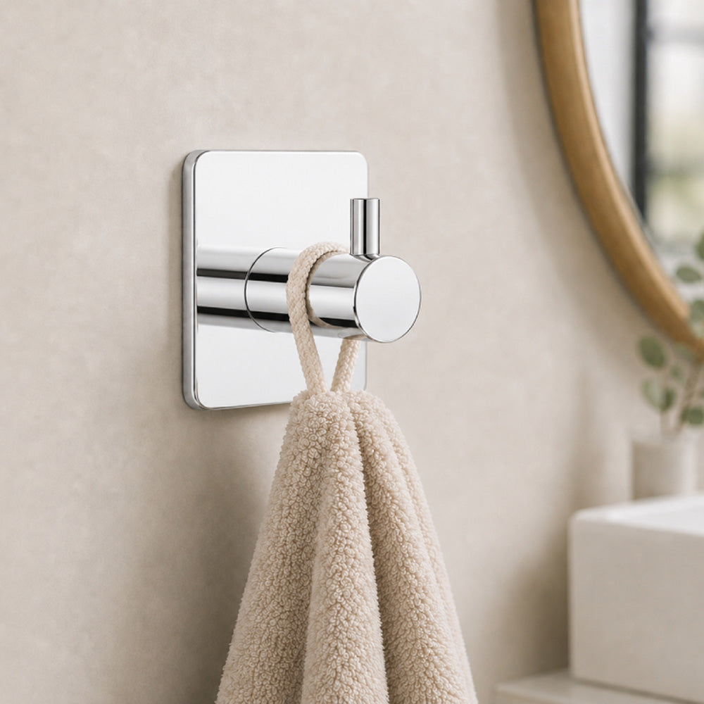 Self-Adhesive Stainless Steel Wall Hook, 1.77" Square Adhesive Towel Hook for Bathroom & Kitchen, Chrome