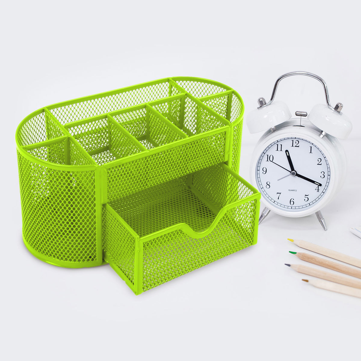 Metal Mesh Desk Organizer with Drawer, Multi-Compartment Office Supply Storage Caddy, Green