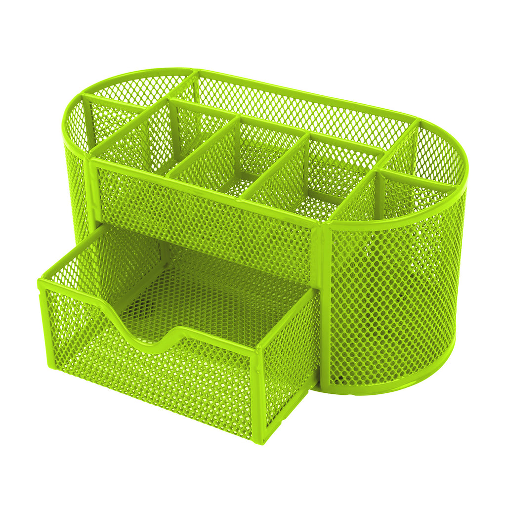 Metal Mesh Desk Organizer with Drawer, Multi-Compartment Office Supply Storage Caddy, Green