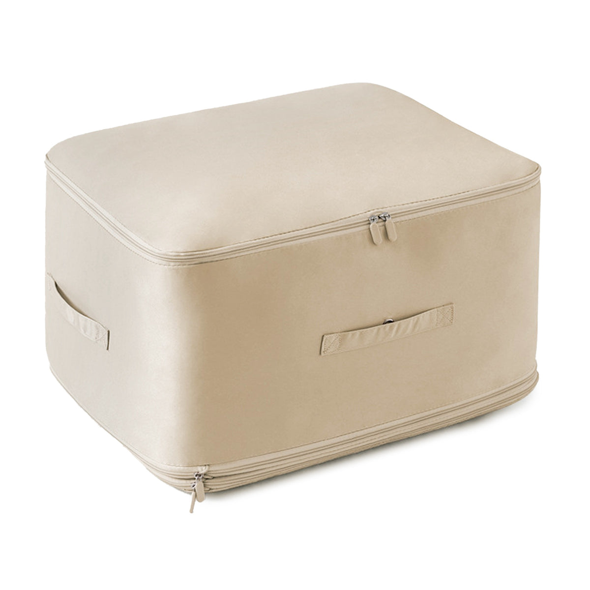 Self Compression Storage Bag with Double Zipper & Handles, Machine Washable Large Clothes and Blanket Organizer, Beige