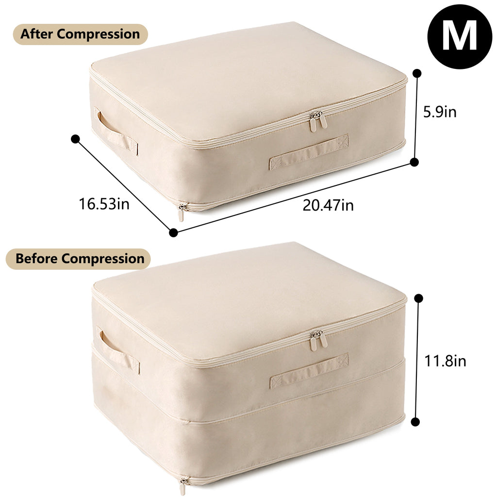 Self Compression Storage Bag with Double Zipper & Handles, Machine Washable Large Clothes and Blanket Organizer, Beige