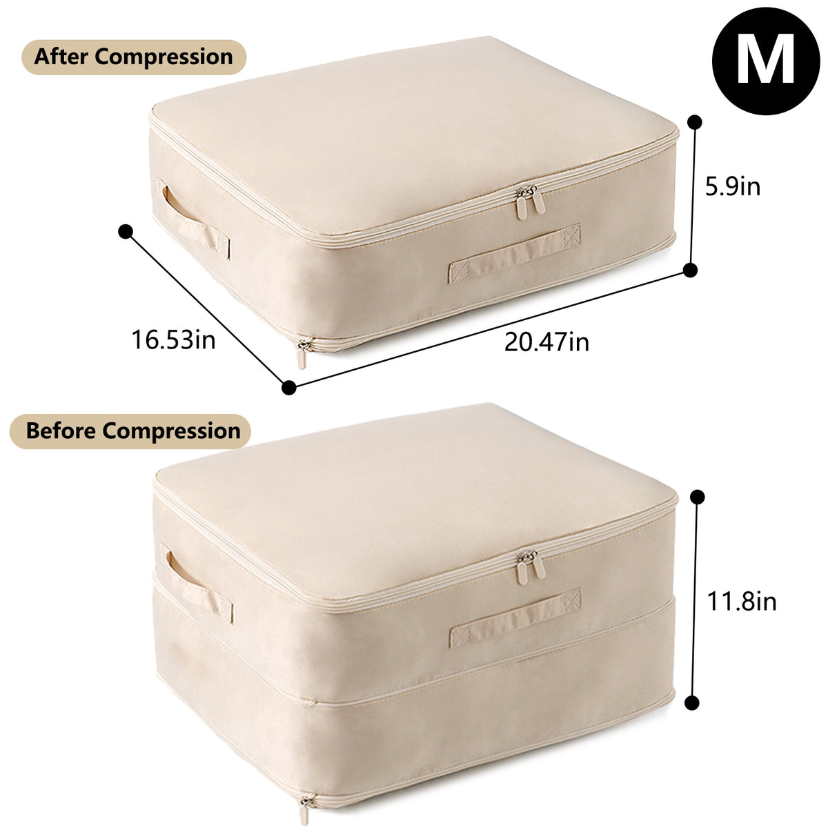 Self Compression Storage Bag with Double Zipper & Handles, Machine Washable Large Clothes and Blanket Organizer, Beige