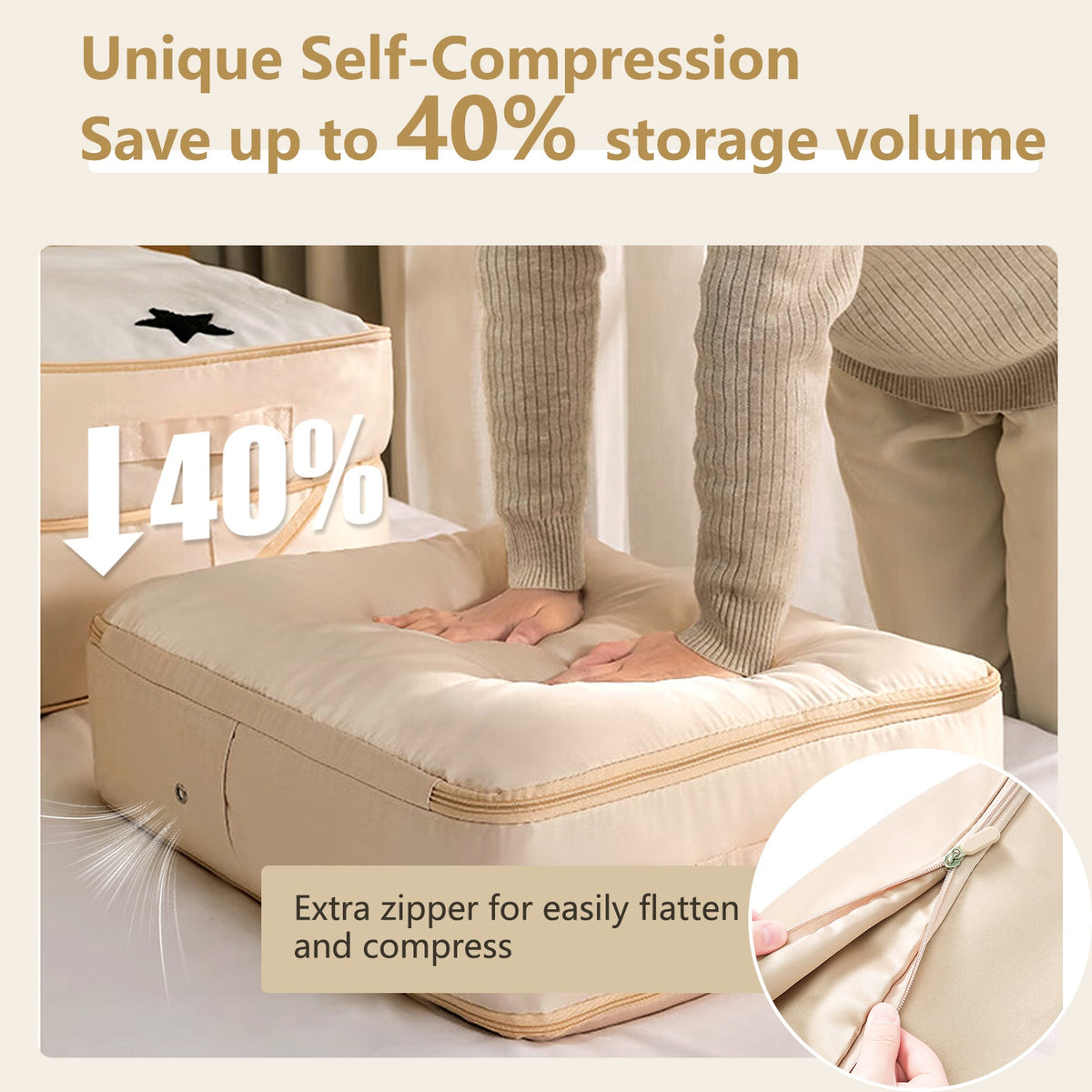 Self Compression Storage Bag with Double Zipper & Handles, Machine Washable Large Clothes and Blanket Organizer, Beige