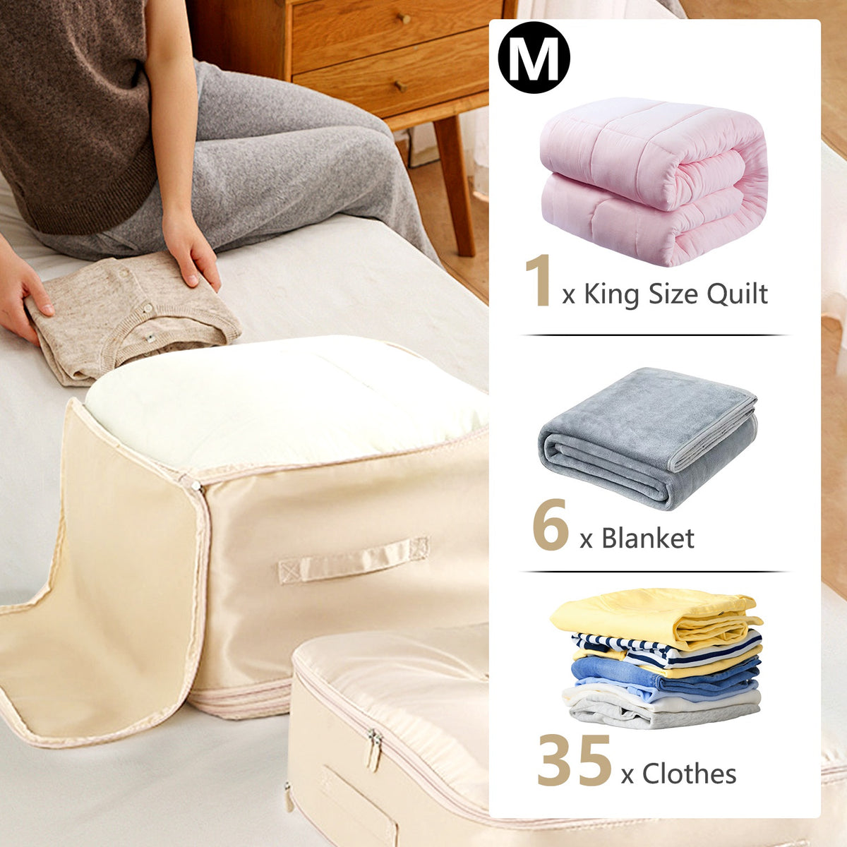 Self Compression Storage Bag with Double Zipper & Handles, Machine Washable Large Clothes and Blanket Organizer, Beige