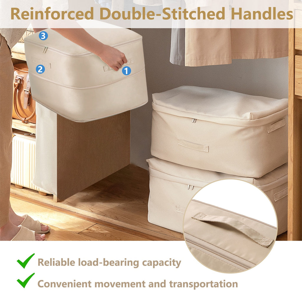 Self Compression Storage Bag with Double Zipper & Handles, Machine Washable Large Clothes and Blanket Organizer, Beige