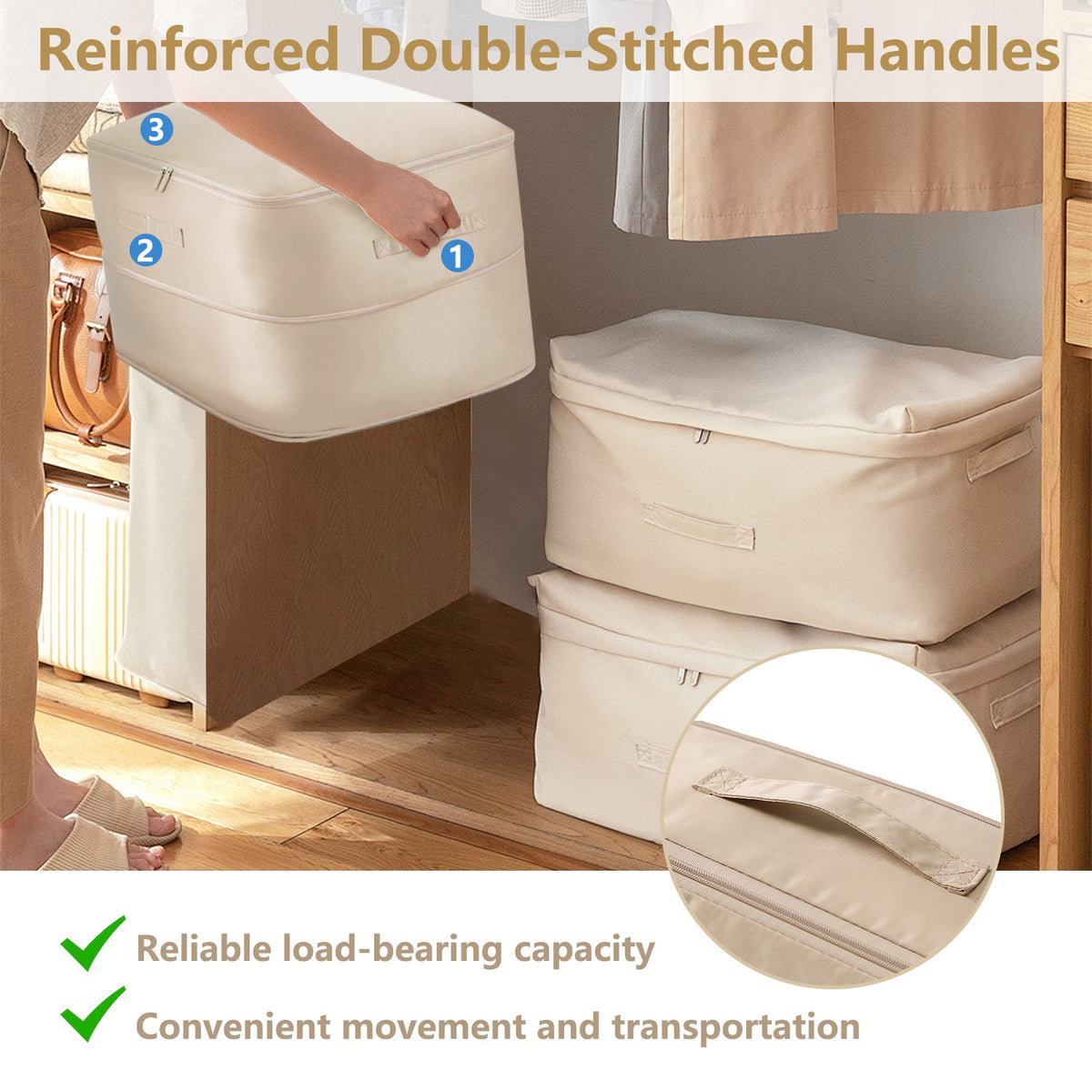 Self Compression Storage Bag with Double Zipper & Handles, Machine Washable Large Clothes and Blanket Organizer, Beige