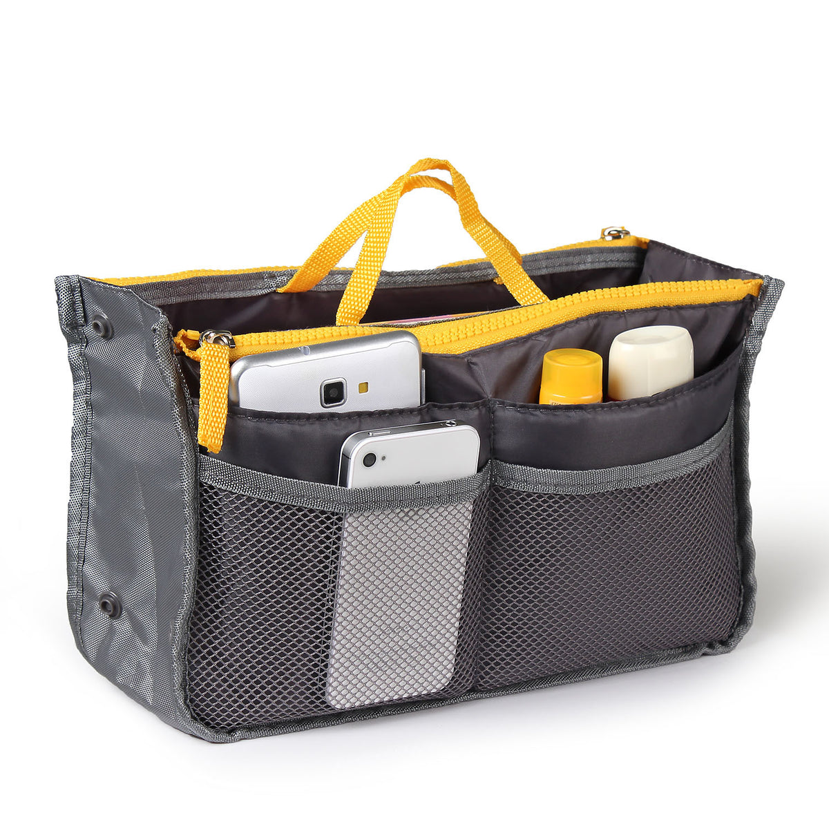 Purse Organizer Insert, Travel Makeup Bag with Handles, Multi-Pocket Waterproof Toiletry Bag Bag in Bag for Cosmetics Travel, Gray Yellow